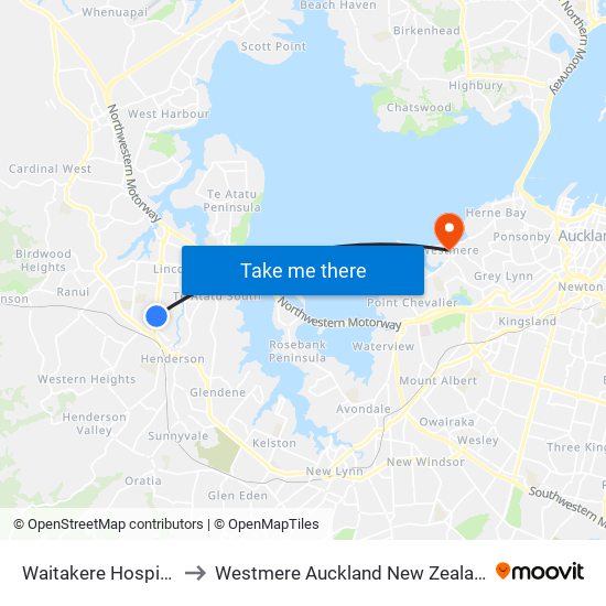 Waitakere Hospital to Westmere Auckland New Zealand map