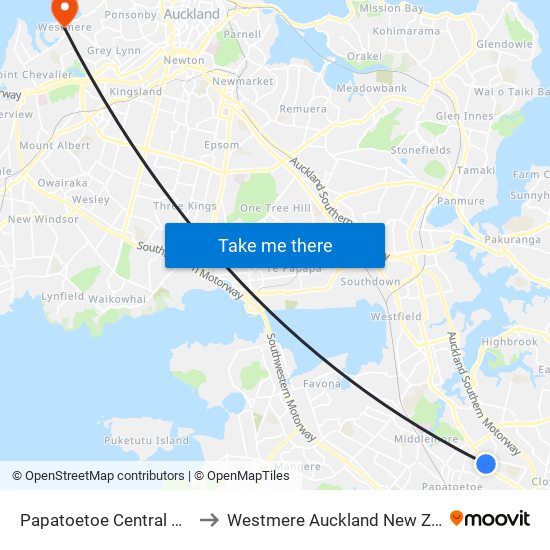 Papatoetoe Central School to Westmere Auckland New Zealand map