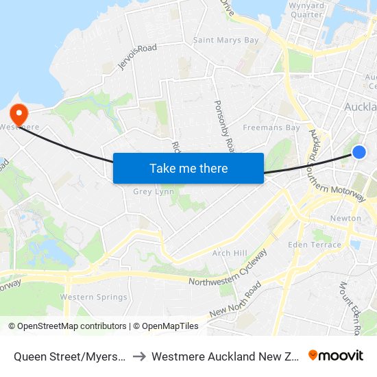 Queen Street/Myers Park to Westmere Auckland New Zealand map