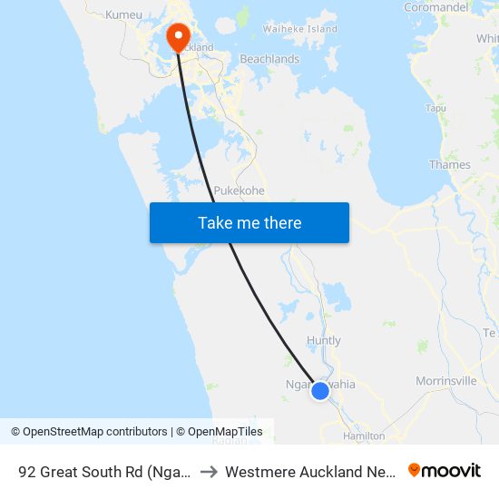 92 Great South Rd (Ngaruawahia) to Westmere Auckland New Zealand map