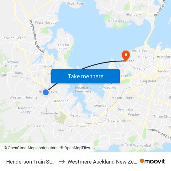 Henderson Train Station to Westmere Auckland New Zealand map