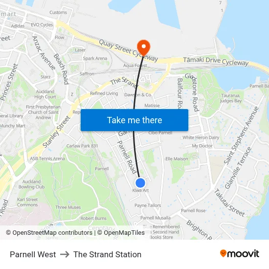 Parnell West to The Strand Station map