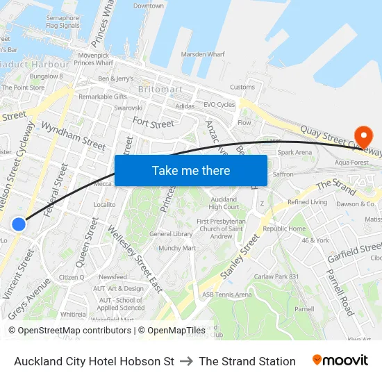 Auckland City Hotel Hobson St to The Strand Station map