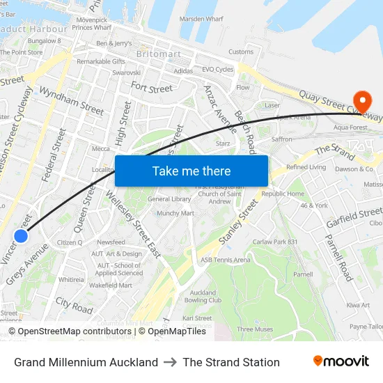 Grand Millennium Auckland to The Strand Station map