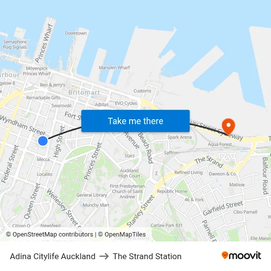 Adina Citylife Auckland to The Strand Station map