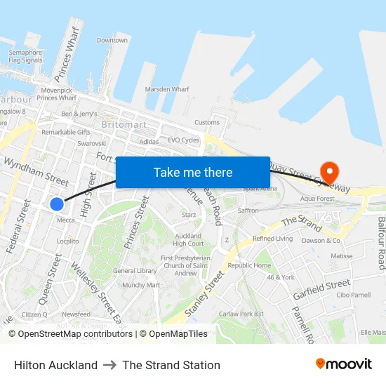 Hilton Auckland to The Strand Station map