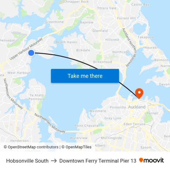 Hobsonville South to Downtown Ferry Terminal Pier 13 map