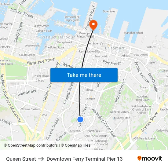 Queen Street to Downtown Ferry Terminal Pier 13 map