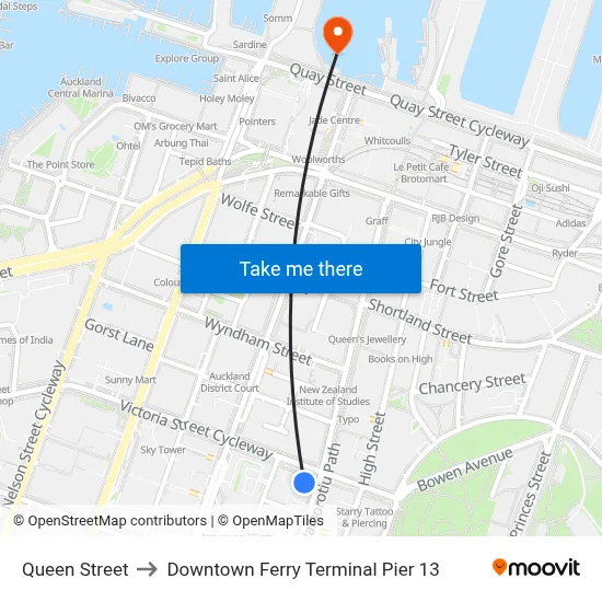 Queen Street to Downtown Ferry Terminal Pier 13 map
