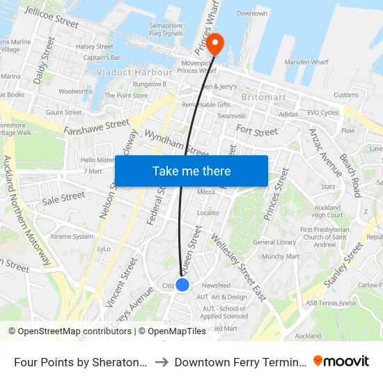 Four Points by Sheraton Auckland to Downtown Ferry Terminal Pier 13 map