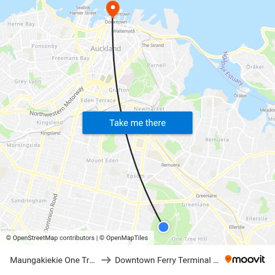 Maungakiekie One Tree Hill to Downtown Ferry Terminal Pier 13 map