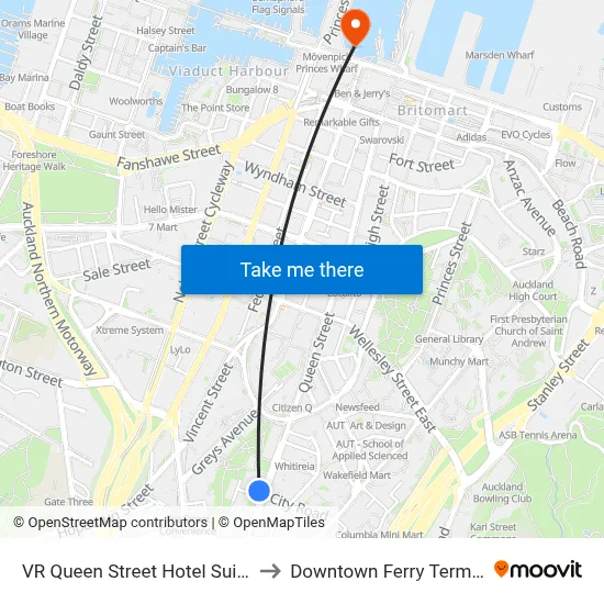 VR Queen Street Hotel Suites Auckland to Downtown Ferry Terminal Pier 13 map