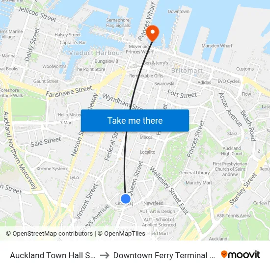 Auckland Town Hall Station to Downtown Ferry Terminal Pier 13 map