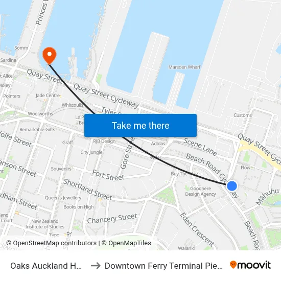 Oaks Auckland Hotel to Downtown Ferry Terminal Pier 13 map