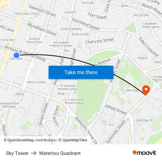 Sky Tower to Waterloo Quadrant map