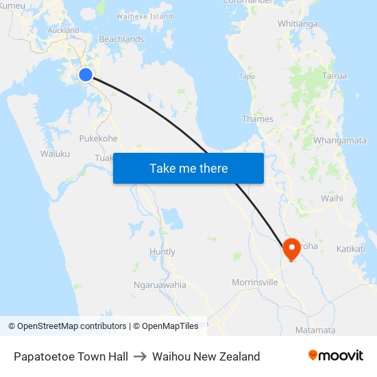 Papatoetoe Town Hall to Waihou New Zealand map