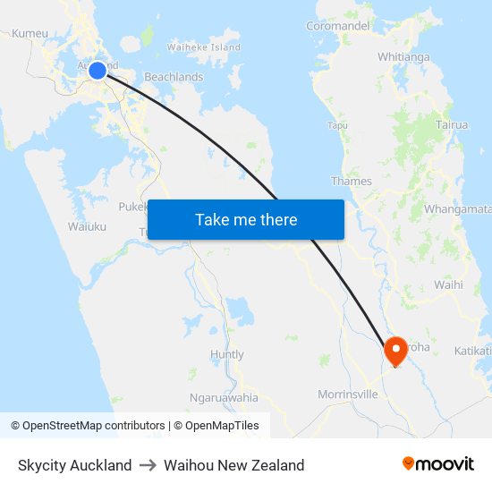 Skycity Auckland to Waihou New Zealand map