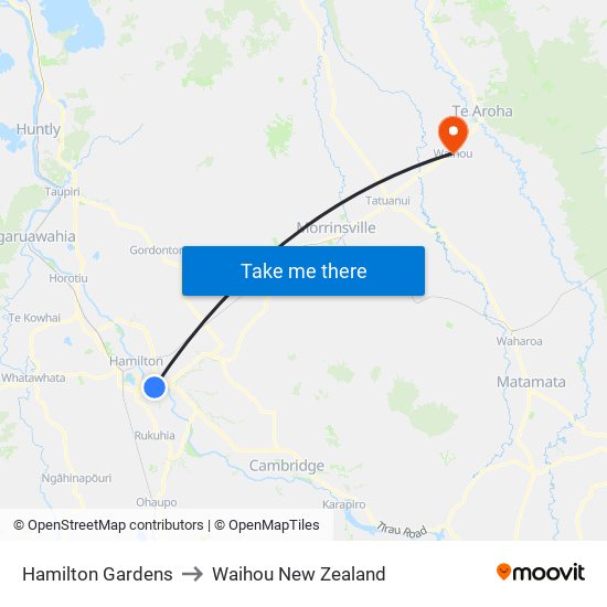 Hamilton Gardens to Waihou New Zealand map