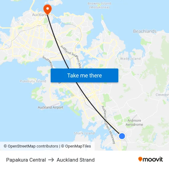 Papakura Central to Auckland Strand map