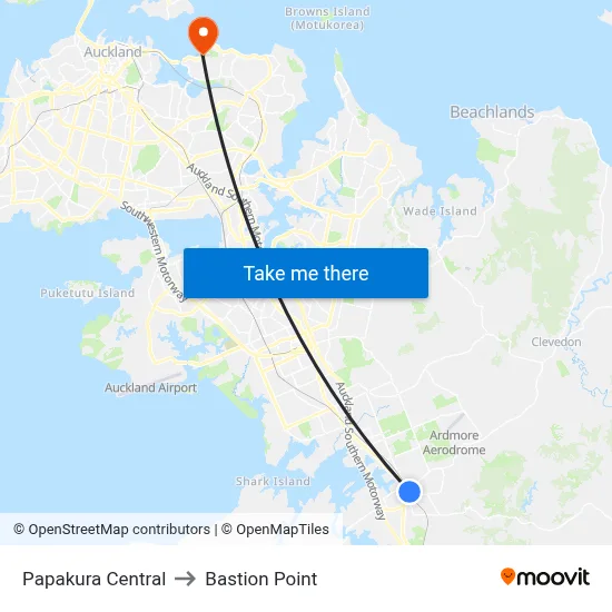 Papakura Central to Bastion Point map