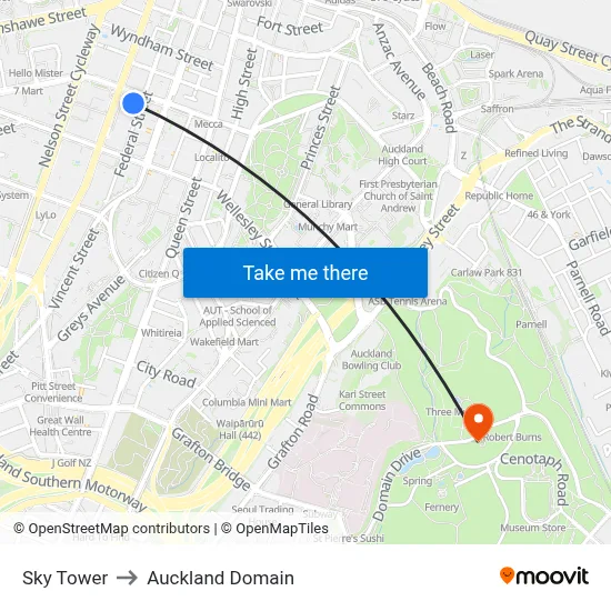 Sky Tower to Auckland Domain map