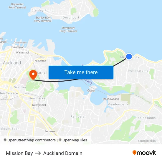Mission Bay to Auckland Domain map