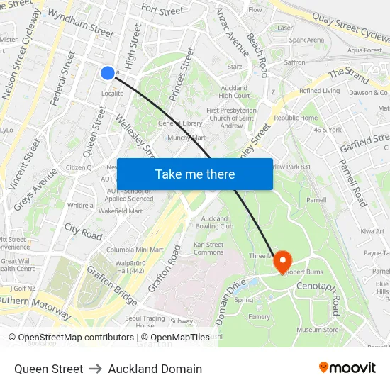 Queen Street to Auckland Domain map
