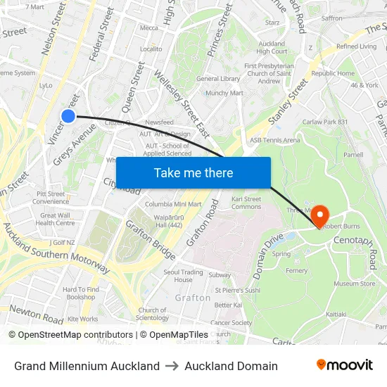 Grand Millennium Auckland to Auckland Domain map