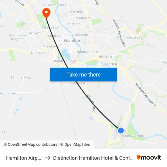 Hamilton Airport HLZ to Distinction Hamilton Hotel & Conference Centre map