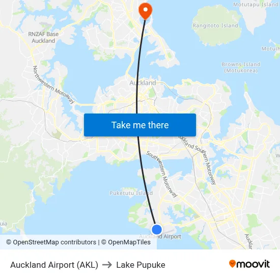 Auckland Airport (AKL) to Lake Pupuke map