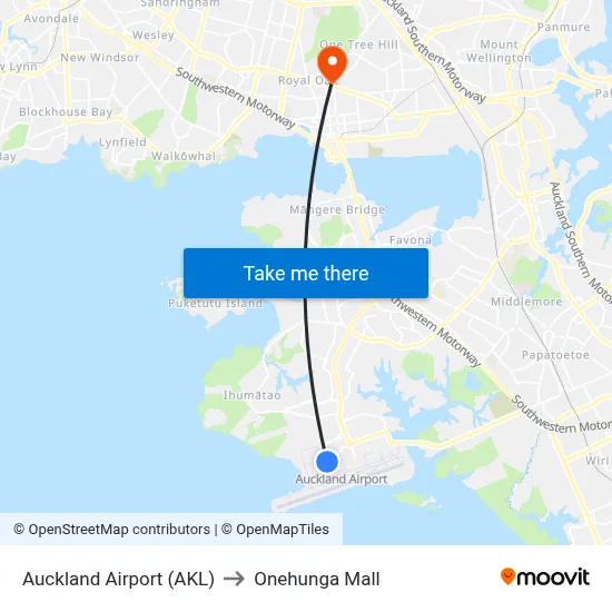 Auckland Airport (AKL) to Onehunga Mall map
