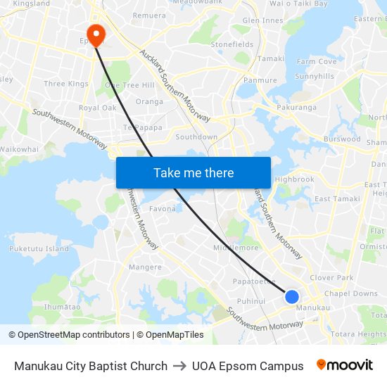 Manukau City Baptist Church to UOA Epsom Campus map