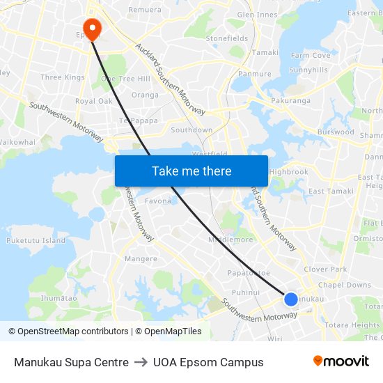 Manukau Supa Centre to UOA Epsom Campus map