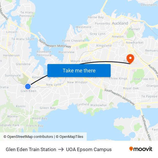 Glen Eden Train Station to UOA Epsom Campus map