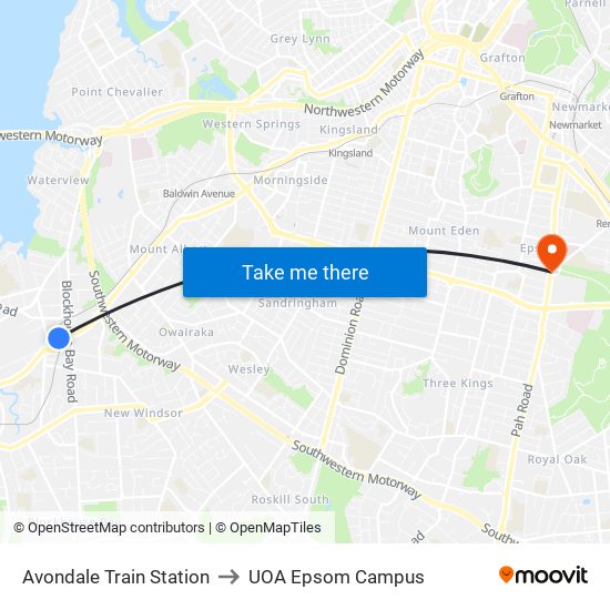 Avondale Train Station to UOA Epsom Campus map