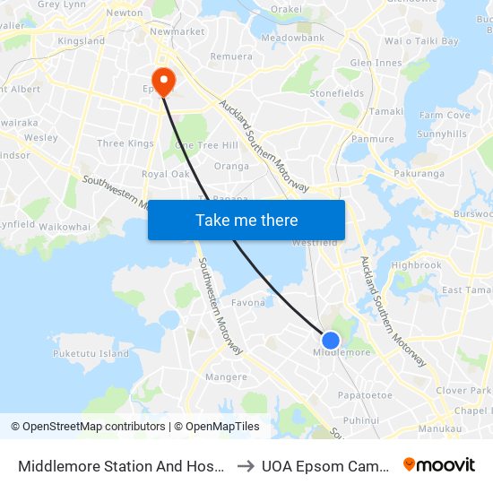 Middlemore Station And Hospital to UOA Epsom Campus map