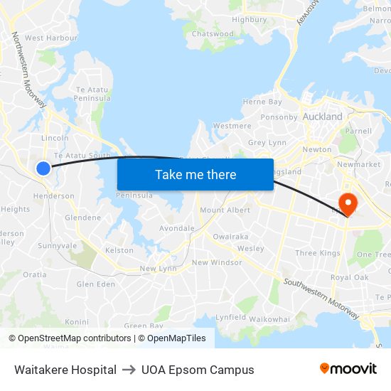 Waitakere Hospital to UOA Epsom Campus map