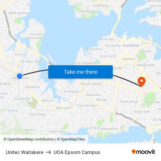 Unitec Waitakere to UOA Epsom Campus map