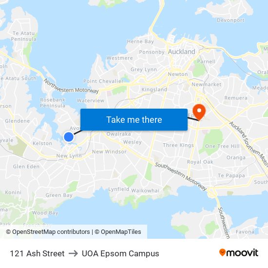 121 Ash Street to UOA Epsom Campus map