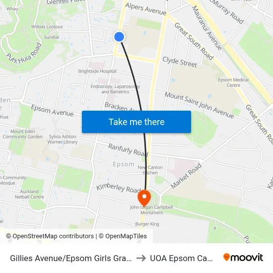 Gillies Avenue/Epsom Girls Grammar to UOA Epsom Campus map