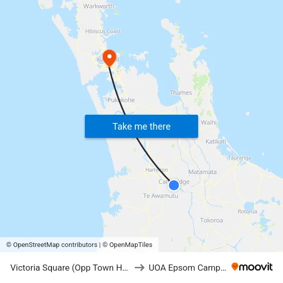 Victoria Square, Cambridge (Opp Town Hall) to UOA Epsom Campus map