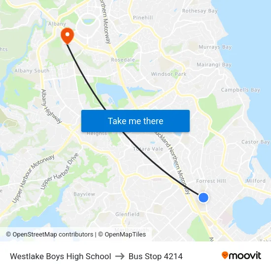 Westlake Boys High School to Bus Stop 4214 map