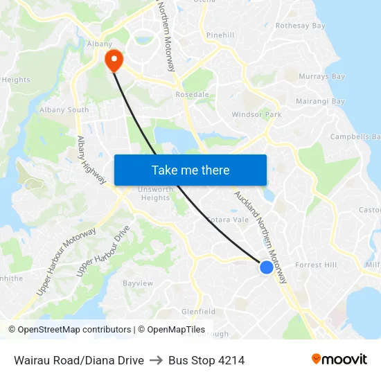 Wairau Road/Diana Drive to Bus Stop 4214 map
