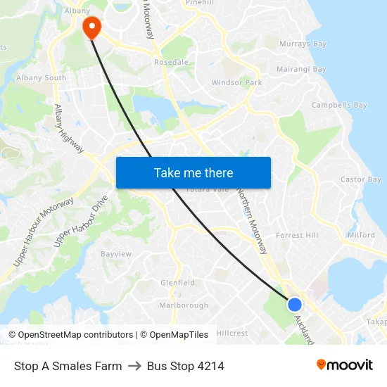 Stop A Smales Farm to Bus Stop 4214 map