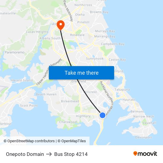 Onepoto Domain to Bus Stop 4214 map