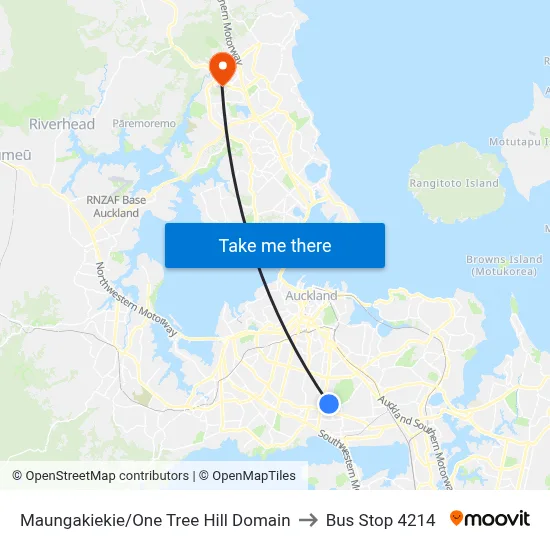 Maungakiekie/One Tree Hill Domain to Bus Stop 4214 map