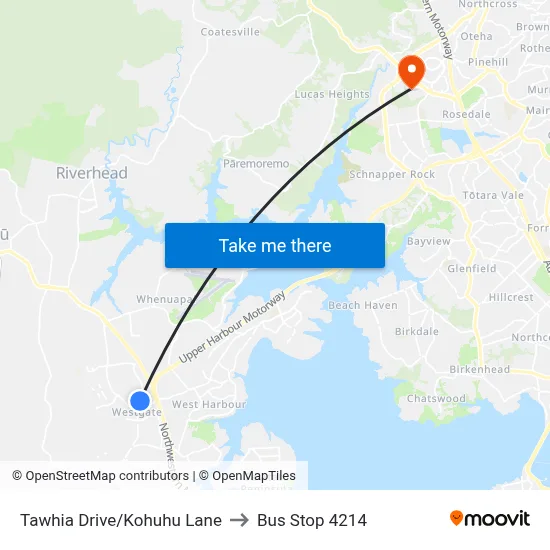Tawhia Drive/Kohuhu Lane to Bus Stop 4214 map