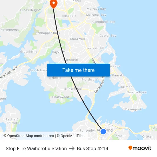 Stop F Te Waihorotiu Station to Bus Stop 4214 map