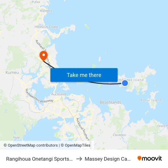 Rangihoua Onetangi Sports Park to Massey Design Campus map
