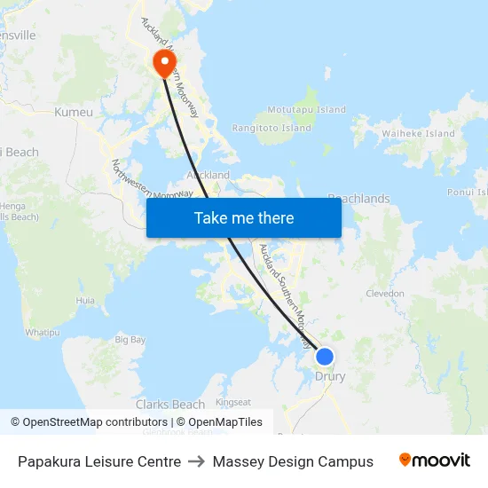 Papakura Leisure Centre to Massey Design Campus map